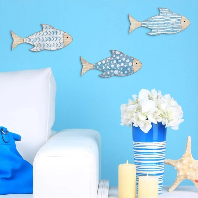 Coastal Wooden Fish Wall Decors Set of 3 For Coastal Interior Hanging Ornaments