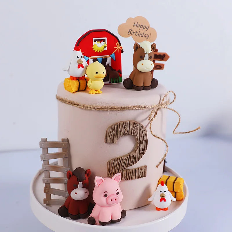 Farm Animals Cake Topper Farm Wooden House Yaks Ponies Sheep Piglets Chickens Cake Decorations Kids Birthday Party Supplies