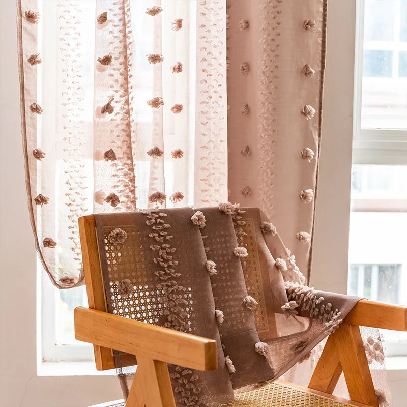 Bohemian Tufted Floral Embroidered Curtains Boho Style Voile Drapes Moroccan Living Room Bedroom  Transparent Tulle Curtain