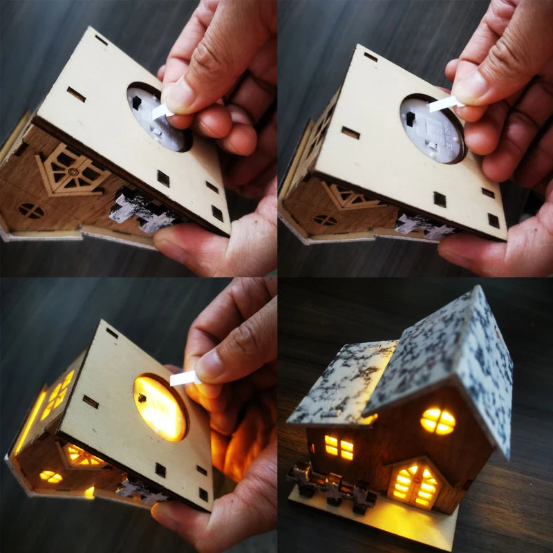Christmas Home Decoration LED Luminous Wooden House Small House Xmas Tree Desktop Decoration Happy New Year Give Gifts Friends