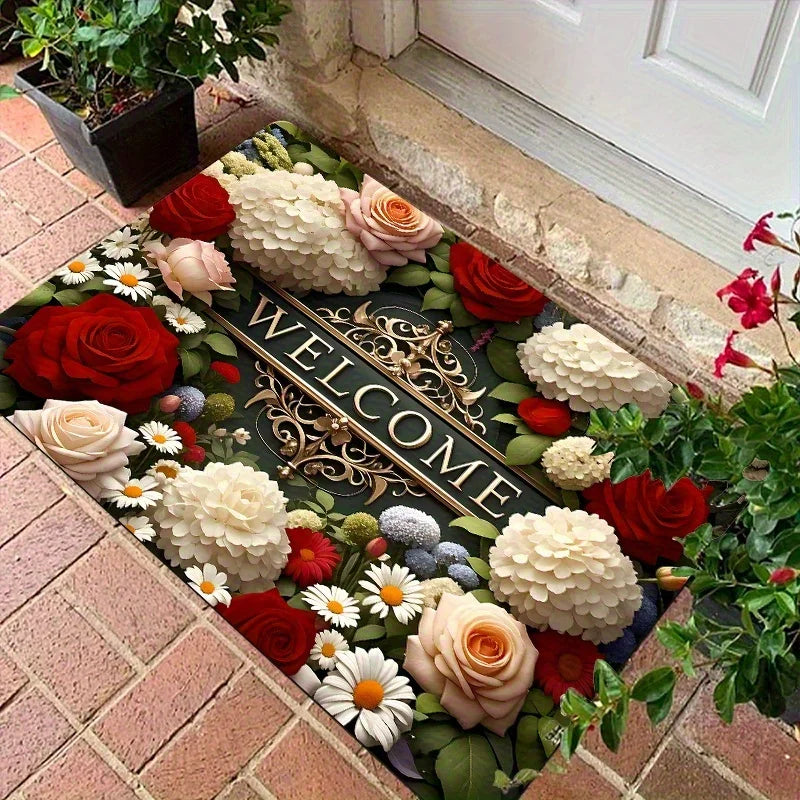 Farmhouse Welcome Floral Doormat Black White Plaid Design Mat Kitchen Entryway Balcony Living Room Rustic Home Decor Patio Mat