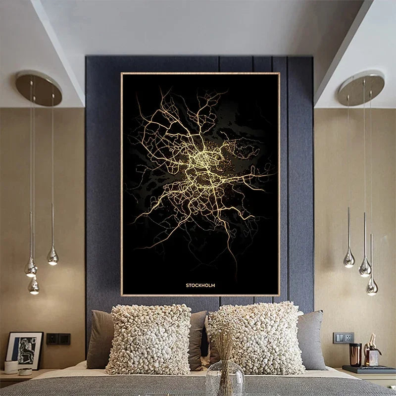 Classic Abstract Wall Art – Black and Gold World City Map HD Canvas Print Poster for Home, Living Room, and Bedroom Decor