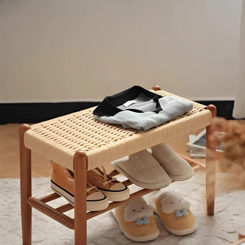 Minimalist  Wood Woven Shoe Bench, Entryway Storage Stool, Long Footrest for Bedroom or Living Room, Durable Sofa Side Stool