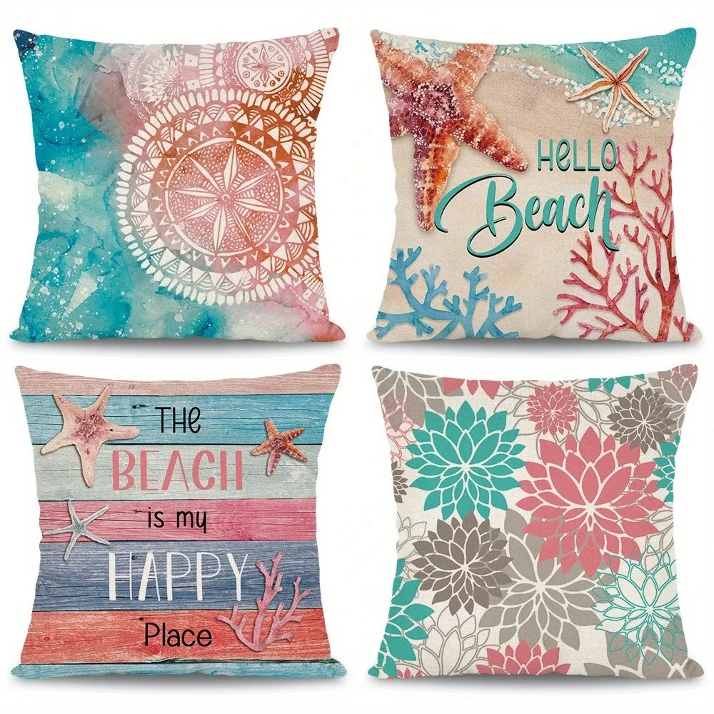 Home Decor Hello Beach Starfish Floral Throw Pillow Covers Pattern Cushion Cover Suitable For Sofa Bedroom Car Pillow Cover