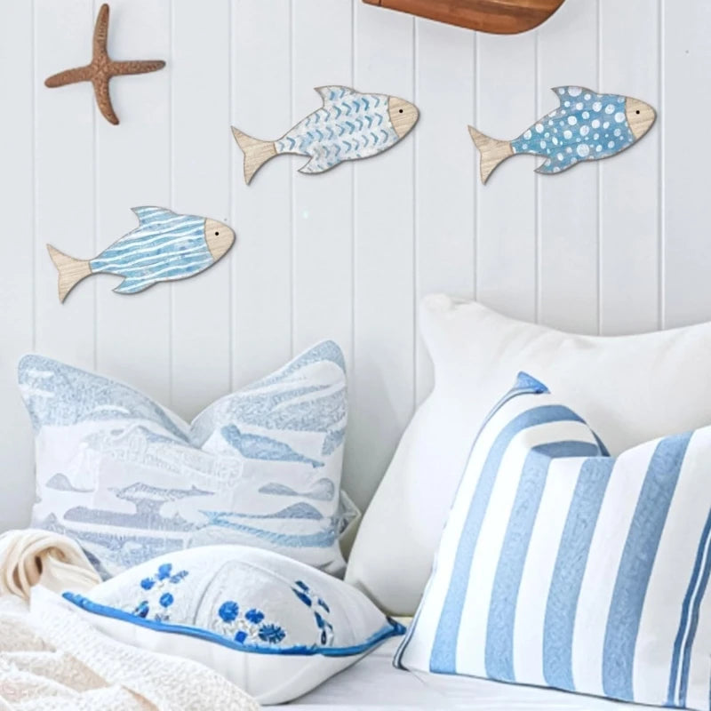 Coastal Wooden Fish Wall Decors Set of 3 For Coastal Interior Hanging Ornaments