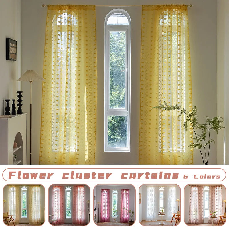 Bohemian Tufted Floral Embroidered Curtains Boho Style Voile Drapes Moroccan Living Room Bedroom  Transparent Tulle Curtain