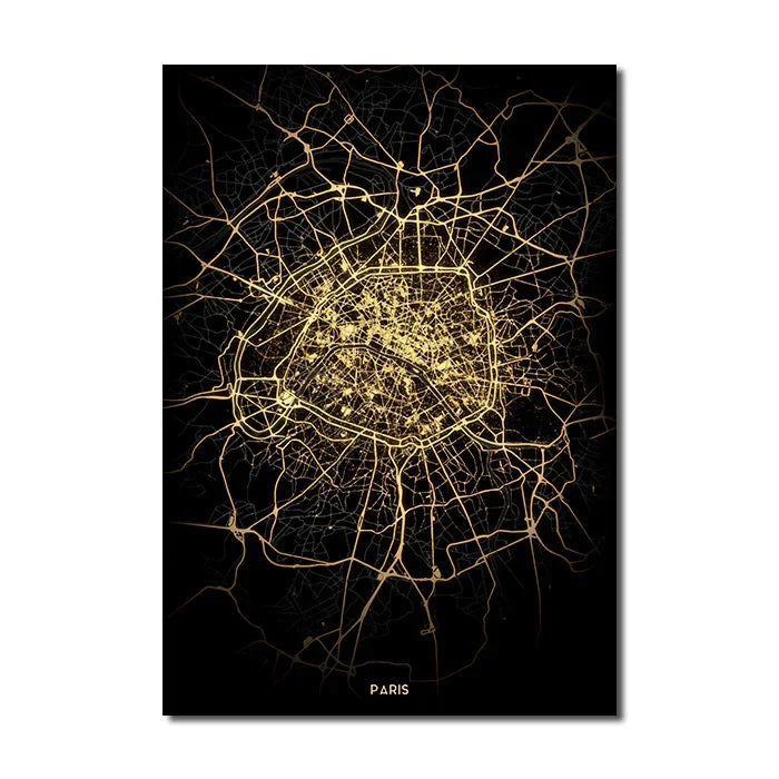 Classic Abstract Wall Art – Black and Gold World City Map HD Canvas Print Poster for Home, Living Room, and Bedroom Decor