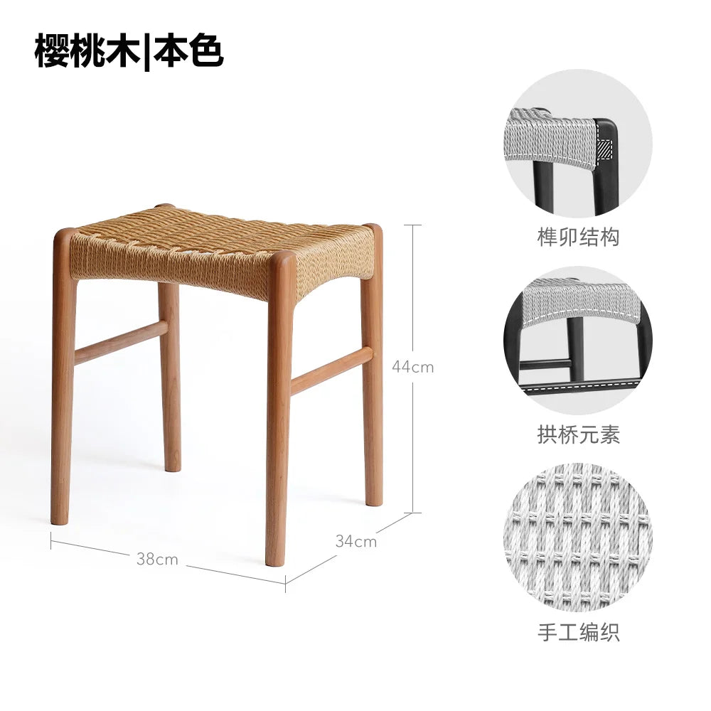 Vintage Woven Dressing Stool, Home Cherry Wood Sofa Side Table, Entryway Shoe Bench, Retro Solid Wood Square Stool