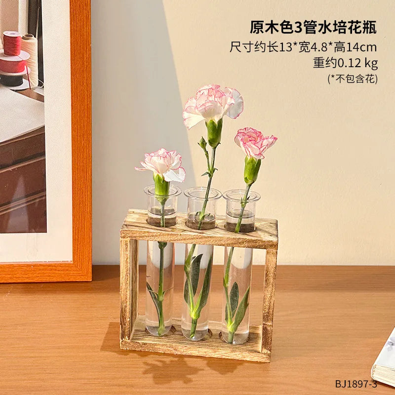 Plant Test Tube Hydroponic Vase Water-grown Flower Arrangement Plant Container Simple Wooden Frame Decors Creative Glass Vases