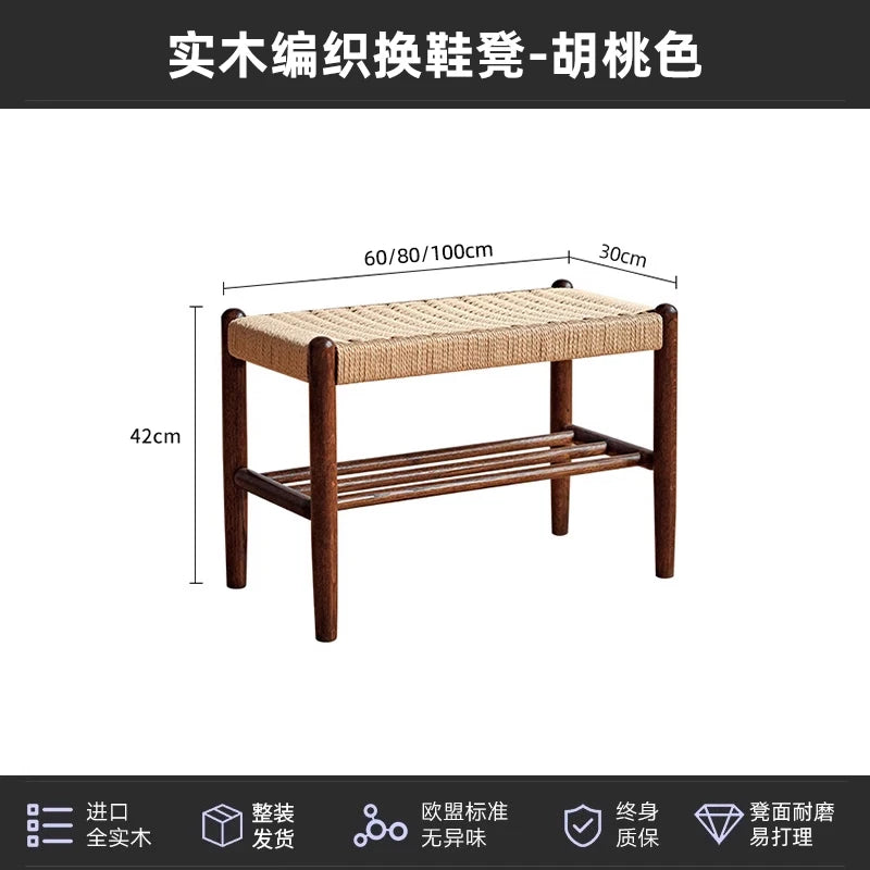 Minimalist  Wood Woven Shoe Bench, Entryway Storage Stool, Long Footrest for Bedroom or Living Room, Durable Sofa Side Stool