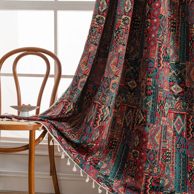 Bohemian Style Curtains Jacquard Geometric Tassel Curtain Finished Kitchen Valance Bedroom Living Room Semi-blackout Drapes