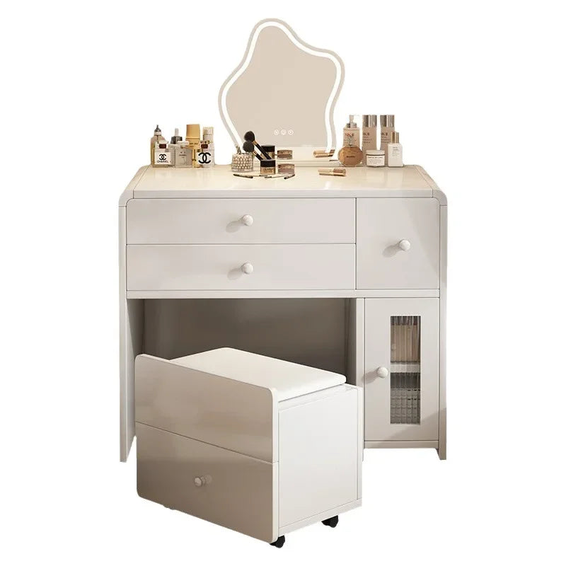 Modern 3 in 1 Makeup with Mirror and Light Makeup Vanity with Storage Makeup Table with 2 Drawers and Upholstered Stool Cabient