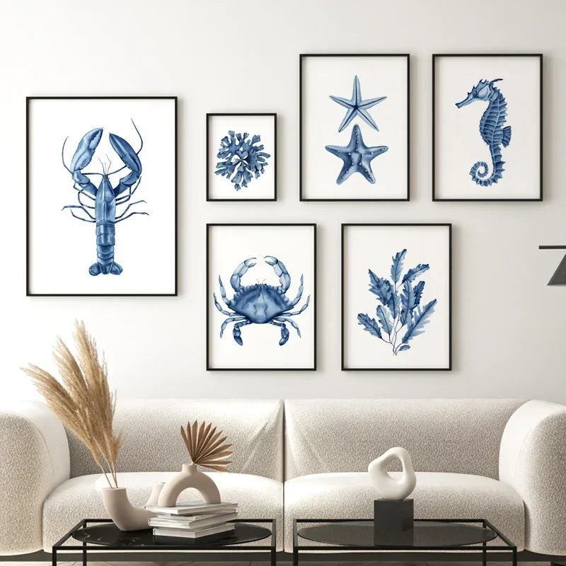 Coastal Sea Life Wall Art Coral Seahorse Lobster Crab Canvas Prints  Beach House Nautical Decor  Simple Marine Posters for Home