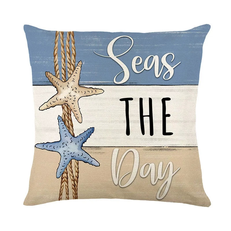 Throw Pillow Case Sea Theme Decorative Square Cotton Linen Cushion Cover for 18X18 Inch Pillow Inserts, 4Pack Pillow Covers