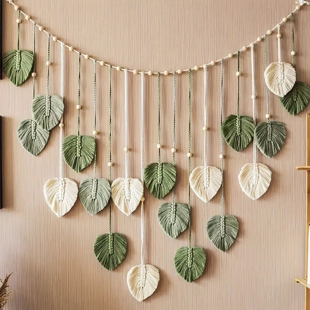 Modern Woven Wall Decor, Beautiful Room Decor, Green Leaves Hanging on The Walls, Bohemian Style, Feather, Ramadan Easter Gift