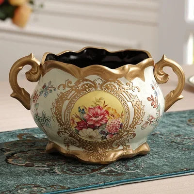 European Palace Gold Flower Vase Centerpiece Ornaments Home Furnishing Decoration Crafts Livingroom Dining Room Retro Vase