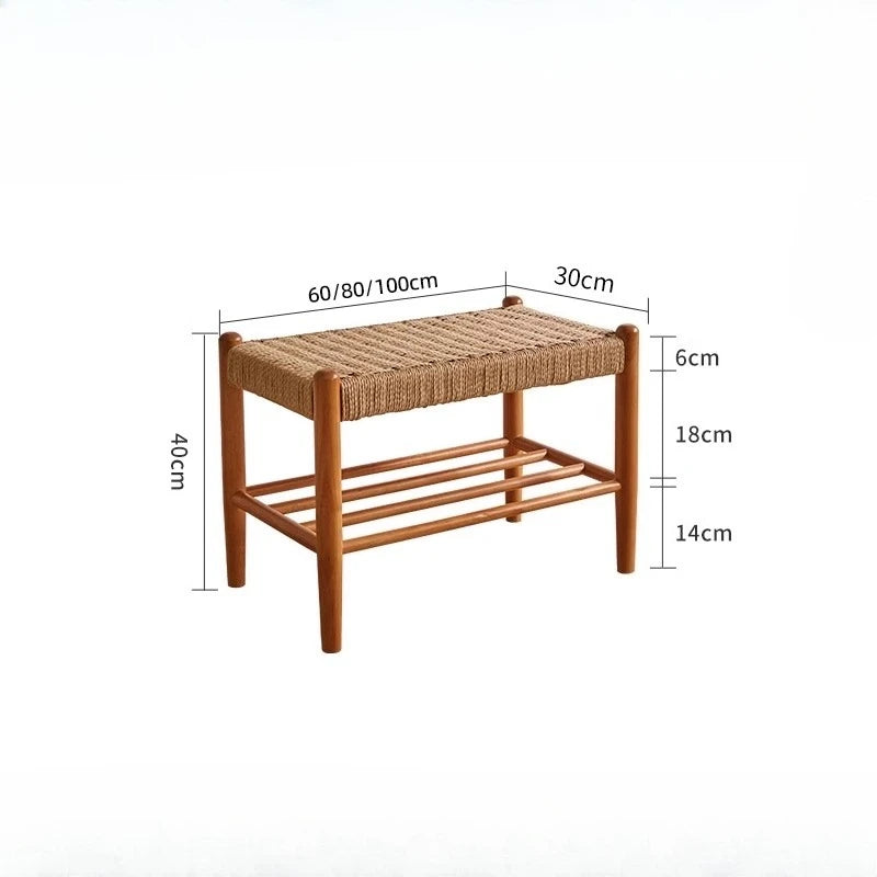 Minimalist  Wood Woven Shoe Bench, Entryway Storage Stool, Long Footrest for Bedroom or Living Room, Durable Sofa Side Stool