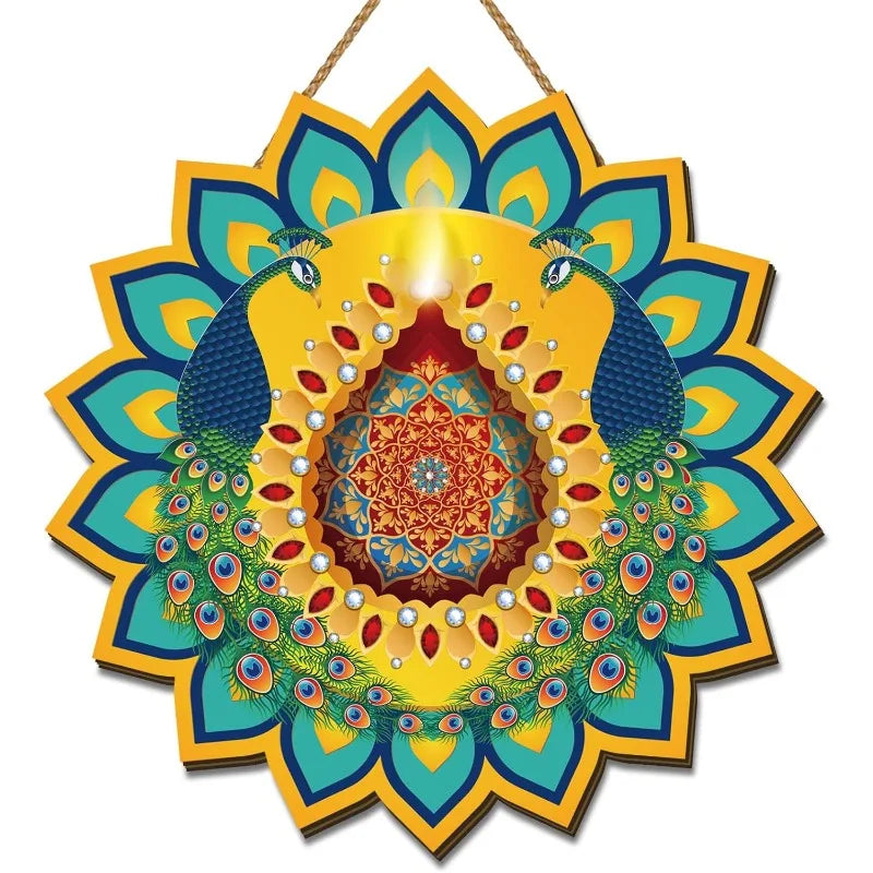 Diwali Decorations for Home – Festive Wooden Door Sign with Indian Motifs for Deepawali, Weddings of Lights Celebrations