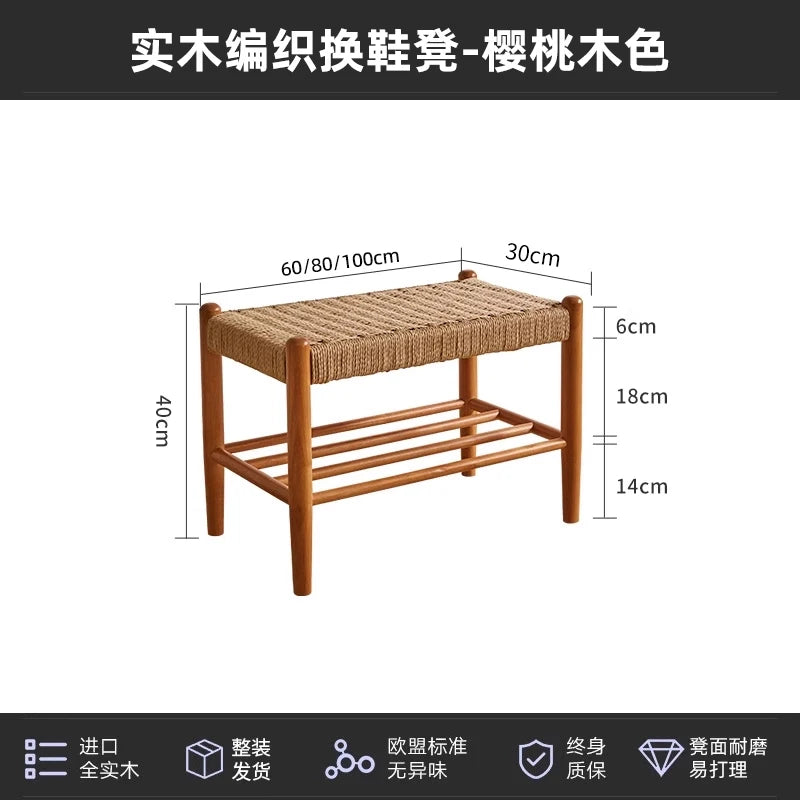 Minimalist  Wood Woven Shoe Bench, Entryway Storage Stool, Long Footrest for Bedroom or Living Room, Durable Sofa Side Stool