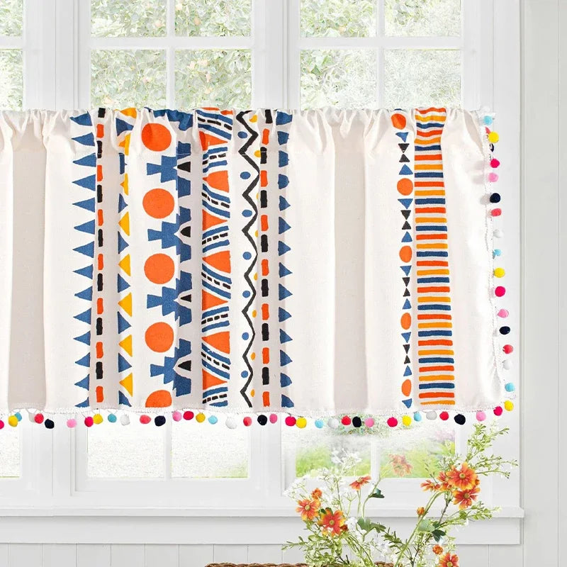 Bohemian Short Curtain Valance for Small Windows Kitchen Cafe Geometry Curtain Window Treatment Spring Summer Home Decoration