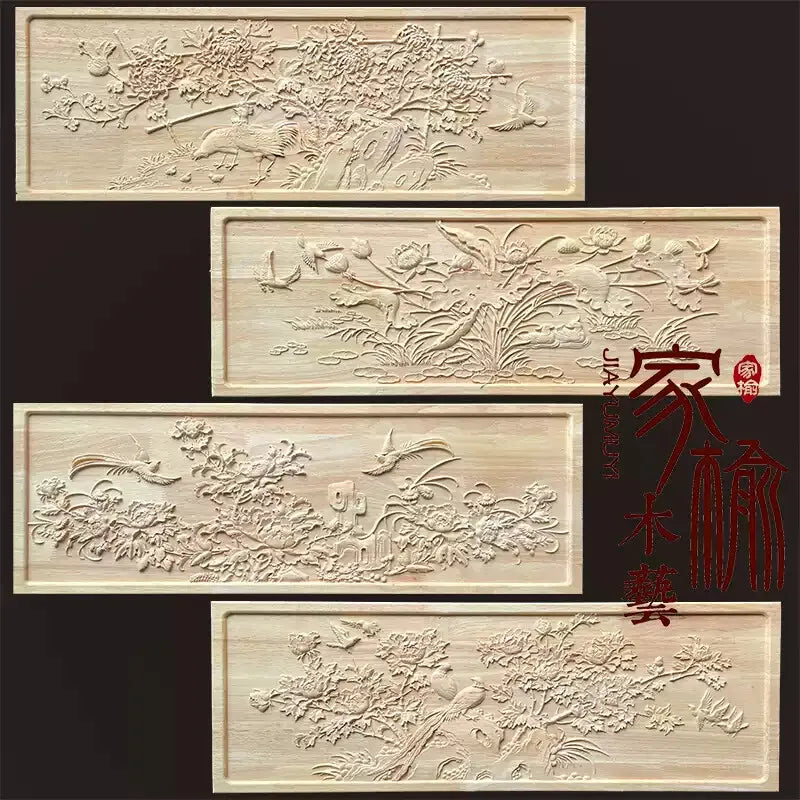 Solid Wood Wall Hanging Carving, Traditional Chinese Style Floral and Bird Relief Antique Style Wooden Partition for Home Decor