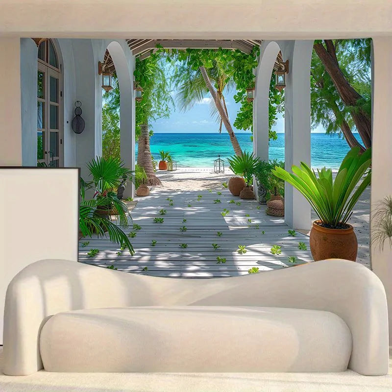 Coastal Park 3D Beach Landscape Tapestry - Perfect choice for living room and bedroom decoration, made of polyester material