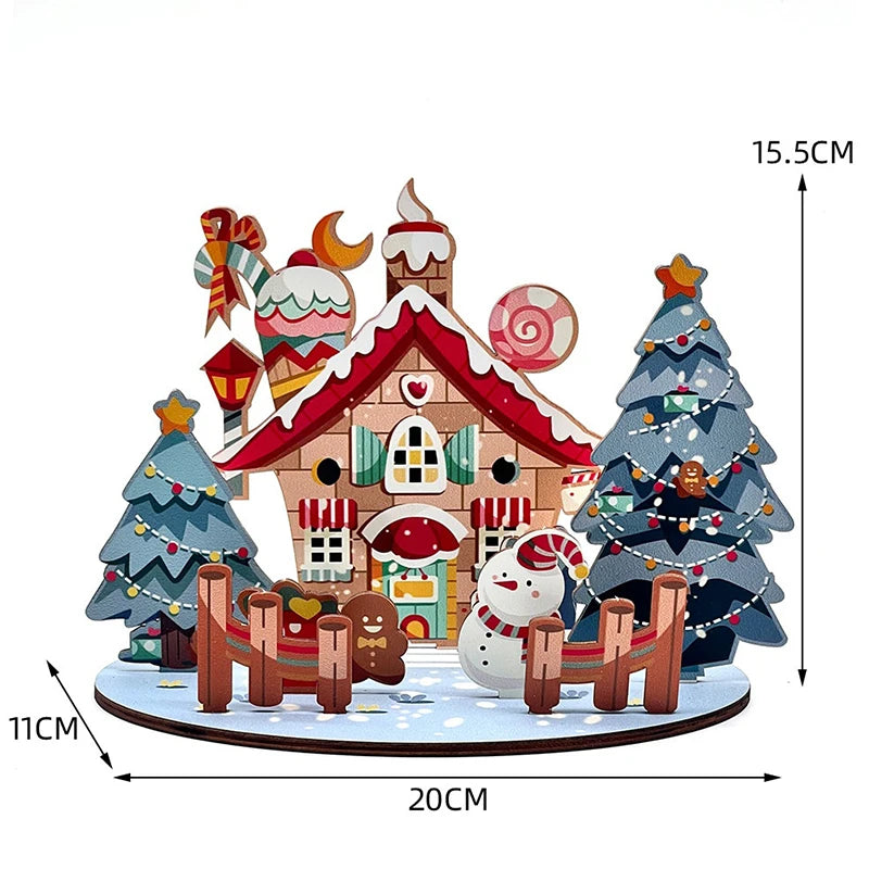 Decorative Christmas Cartoon House, Wooden DIY Assembly; Child's Painted Ornament, New Year Gift