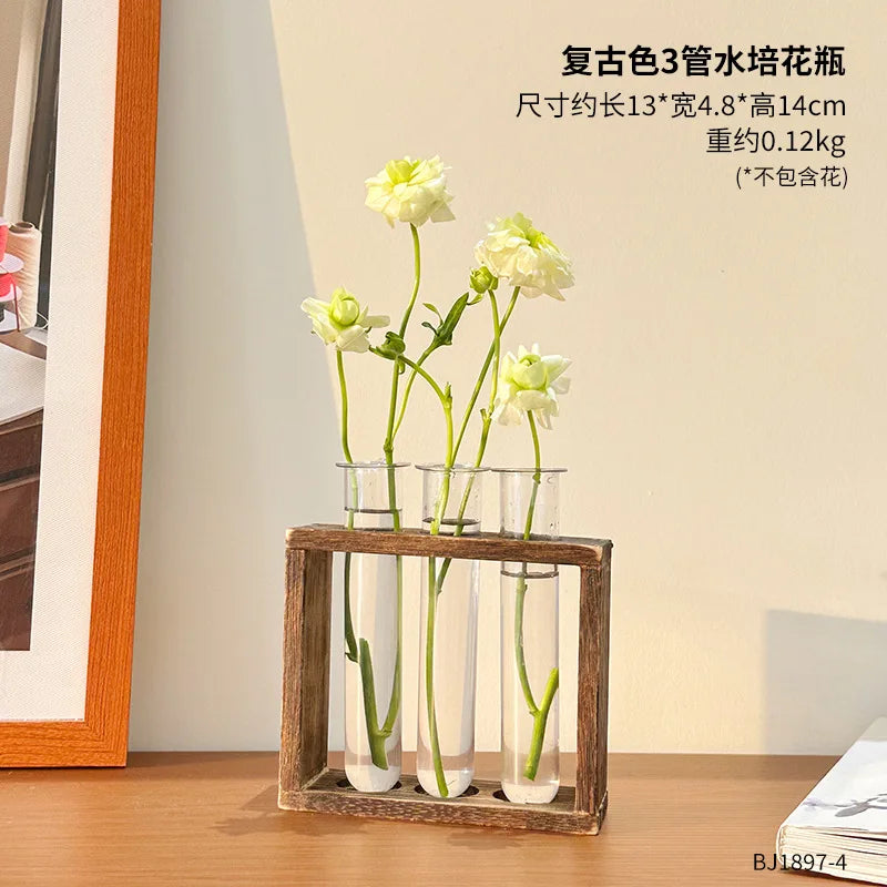 Plant Test Tube Hydroponic Vase Water-grown Flower Arrangement Plant Container Simple Wooden Frame Decors Creative Glass Vases