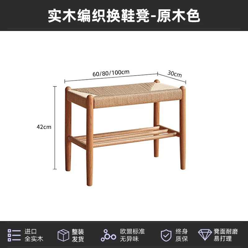 Minimalist  Wood Woven Shoe Bench, Entryway Storage Stool, Long Footrest for Bedroom or Living Room, Durable Sofa Side Stool