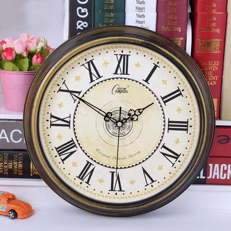 33cm Retro Wall Clock Household European Living Room Quartz Clock Silent Electronic Clock Classical Retro ABS Clock Quartz Watch