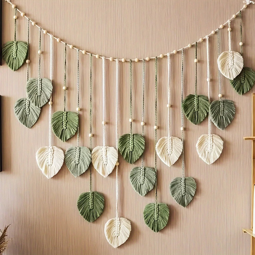 Modern Woven Wall Decor, Beautiful Room Decor, Green Leaves Hanging on The Walls, Bohemian Style, Feather, Ramadan Easter Gift