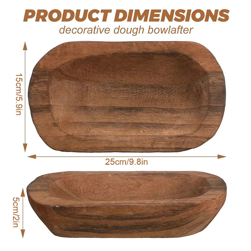 Home Decor Oblong Fruit Bowl Wooden Dough Bowls For Decor Candle Tray Decorative Bowl For Kitchen Counter Rustic Carved