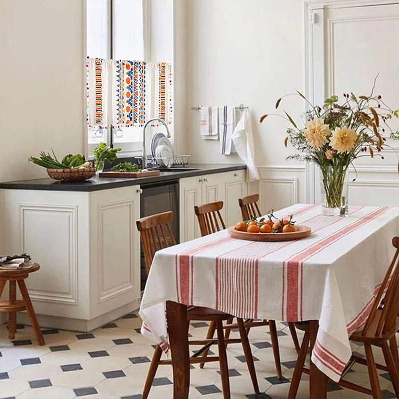 Bohemian Short Curtain Valance for Small Windows Kitchen Cafe Geometry Curtain Window Treatment Spring Summer Home Decoration