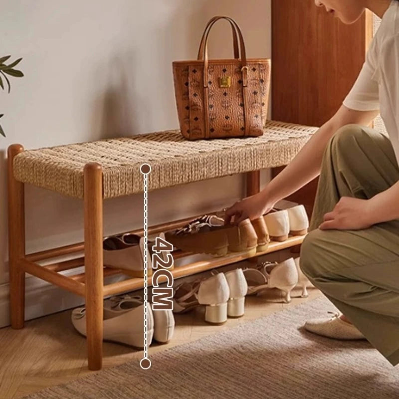 Minimalist  Wood Woven Shoe Bench, Entryway Storage Stool, Long Footrest for Bedroom or Living Room, Durable Sofa Side Stool