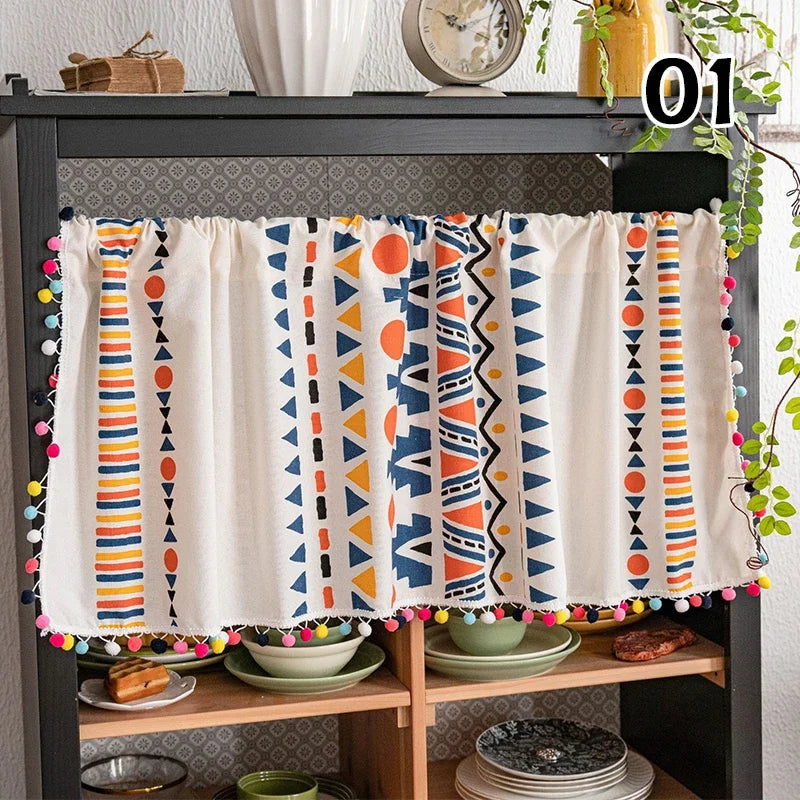 Bohemian Short Curtain Valance for Small Windows Kitchen Cafe Geometry Curtain Window Treatment Spring Summer Home Decoration