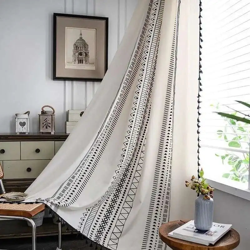 Boho Window Curtain Cotton Linen Geometric Print with Tassels Blackout Curtain for Bedroom Bay Kitchen Home Living RoomDecorate