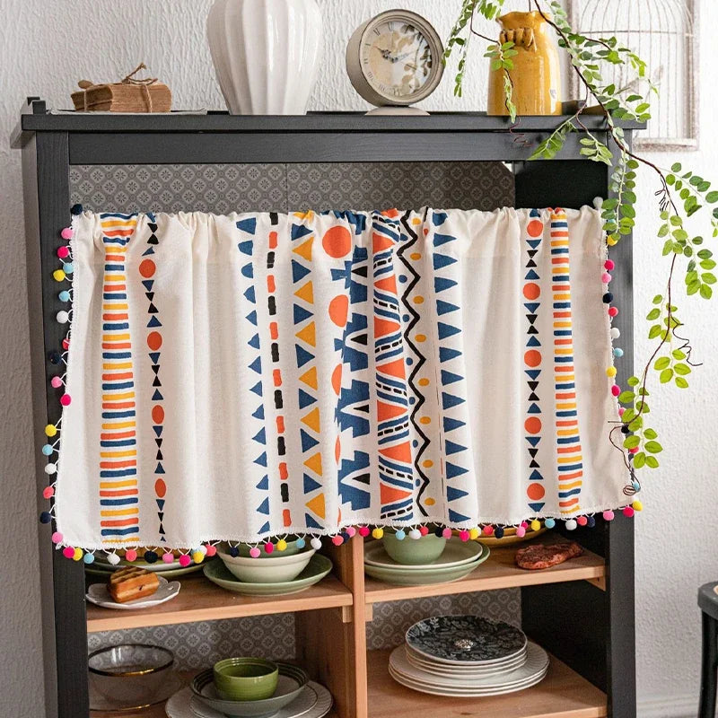 Bohemian Short Curtain Valance for Small Windows Kitchen Cafe Geometry Curtain Window Treatment Spring Summer Home Decoration