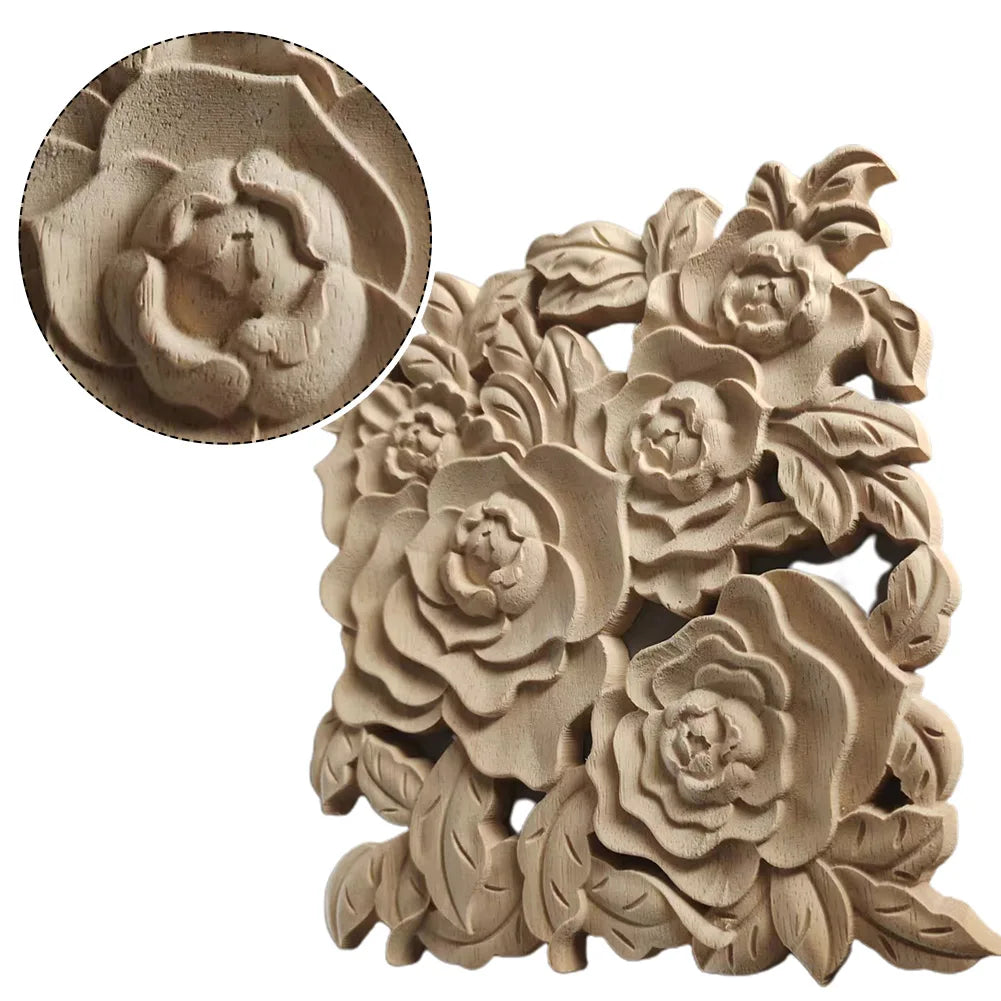 Natural Floral Wooden Figurines Crafts Wood Carved Corner Appliques Frame Wall Door Furniture Woodcarving Decorative