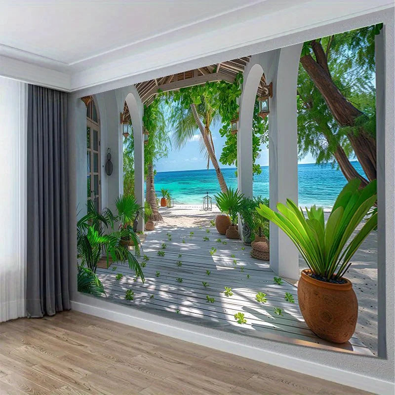 Coastal Park 3D Beach Landscape Tapestry - Perfect choice for living room and bedroom decoration, made of polyester material