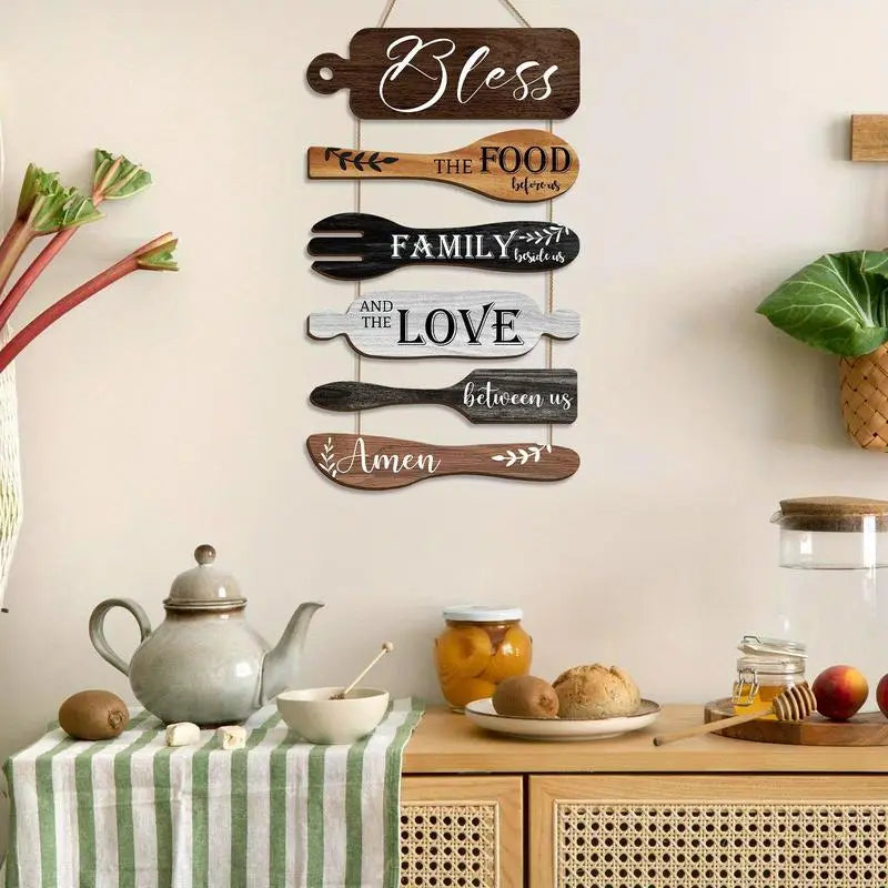 Wooden Kitchen Wall Decor, 1 Set Letter & Kitchen Utensils Pattern Wall Art with Rope, Wall Decor for Home Kitchen Dining Room