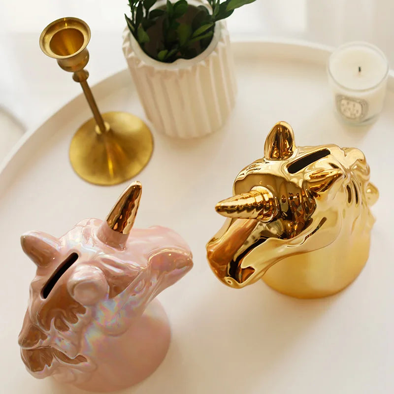 Decorative Piggy Bank Statues Room Ornaments For Girls Sculptures Home Decor Modern Living Room Decoration Table Pink Unicorn