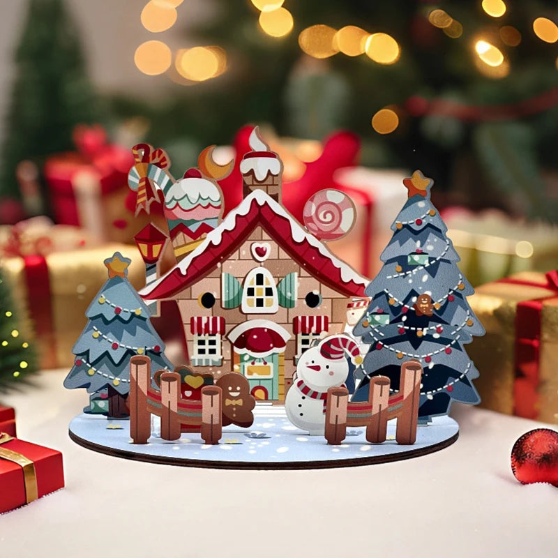 Decorative Christmas Cartoon House, Wooden DIY Assembly; Child's Painted Ornament, New Year Gift