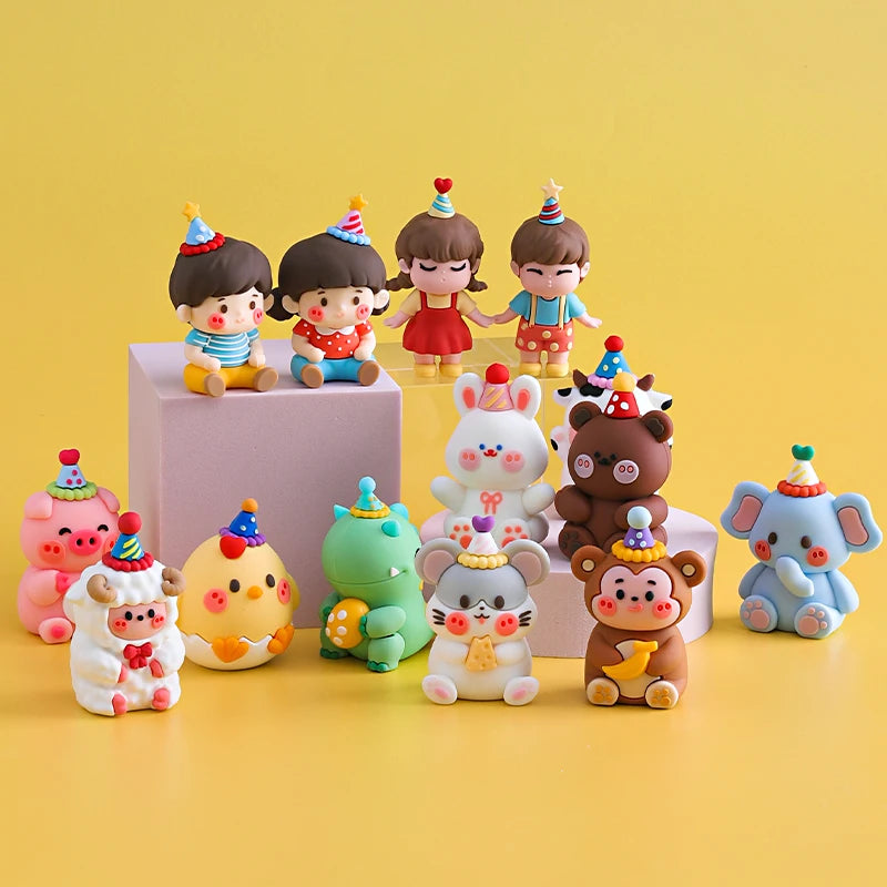 Home Decorative Statues Cake Topper Decorated with Cute Forest Animals Dinosaurs Bears Rabbit Circus Clowns Statues Mini Version