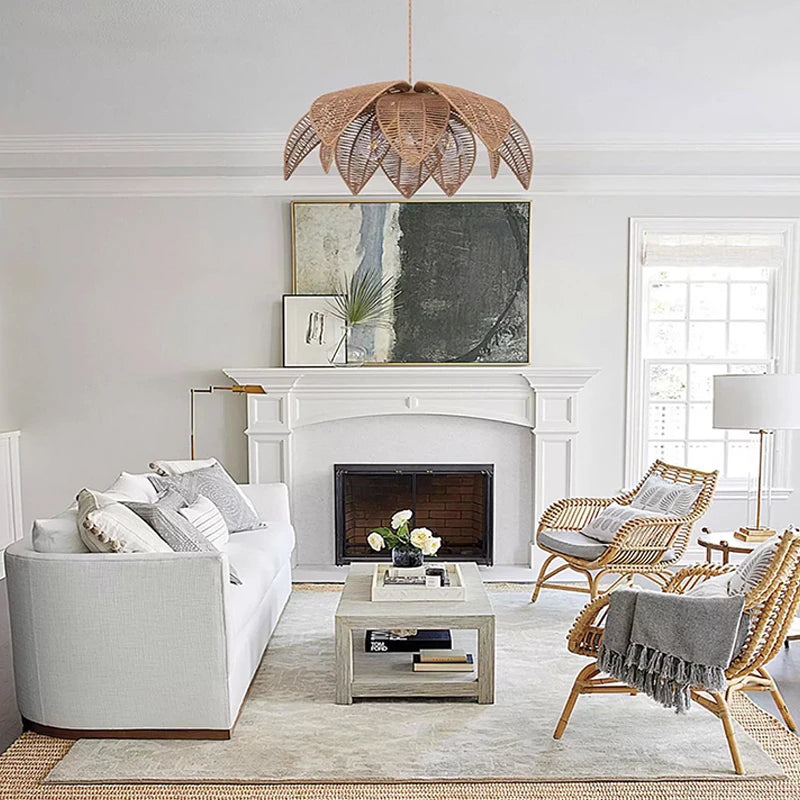 Bohemia Linen Pendant Light Retro Rattan Chandelier for Bedroom Living Dining Room Restaurant Rattan Hand-woven Pendant Lamp