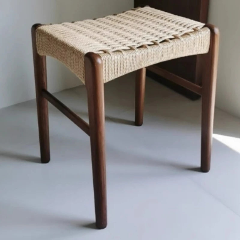 Vintage Woven Dressing Stool, Home Cherry Wood Sofa Side Table, Entryway Shoe Bench, Retro Solid Wood Square Stool