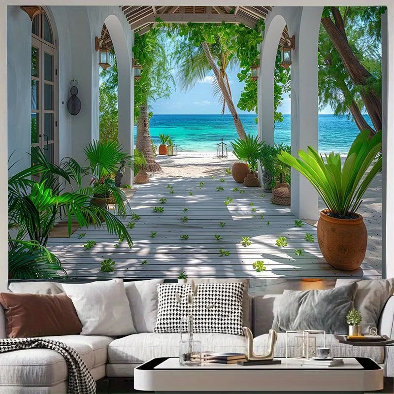 Coastal Park 3D Beach Landscape Tapestry - Perfect choice for living room and bedroom decoration, made of polyester material