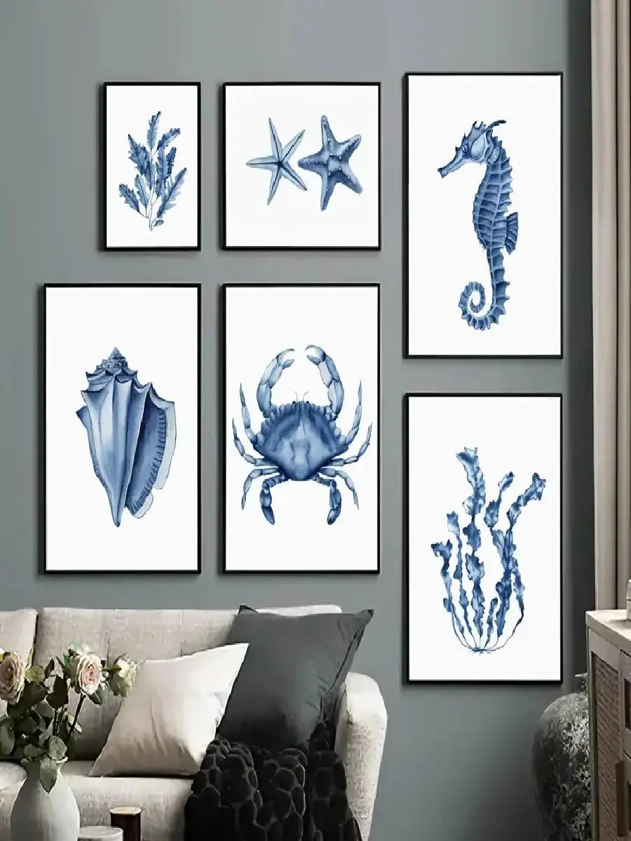 Coastal Sea Life Wall Art Coral Seahorse Lobster Crab Canvas Prints  Beach House Nautical Decor  Simple Marine Posters for Home