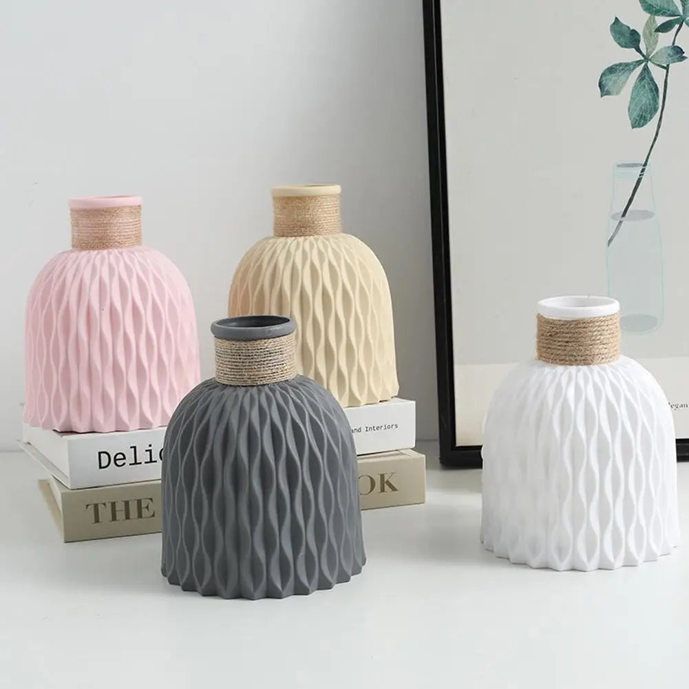 Nordic Flower Vase Imitation Ceramic Moire Artificial Flower Vase Living Room Desktop Decoration Wedding Centerpiece Arrangement