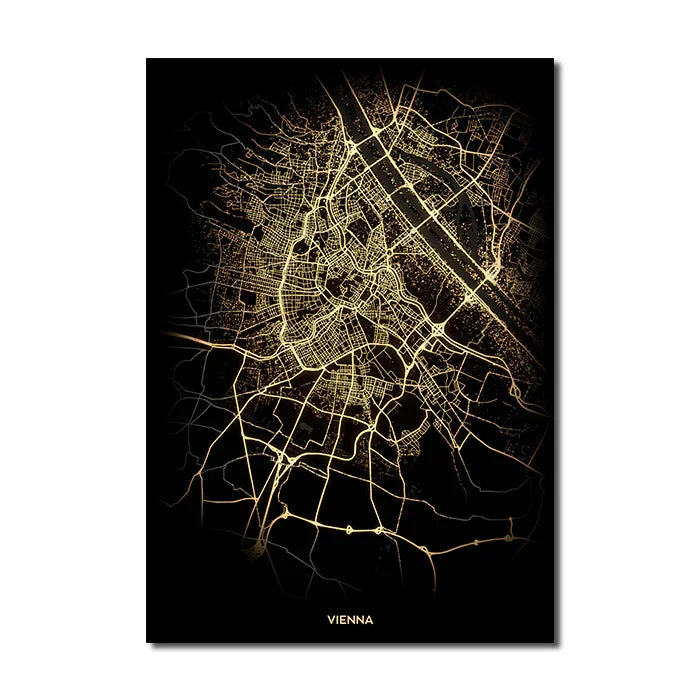 Classic Abstract Wall Art – Black and Gold World City Map HD Canvas Print Poster for Home, Living Room, and Bedroom Decor