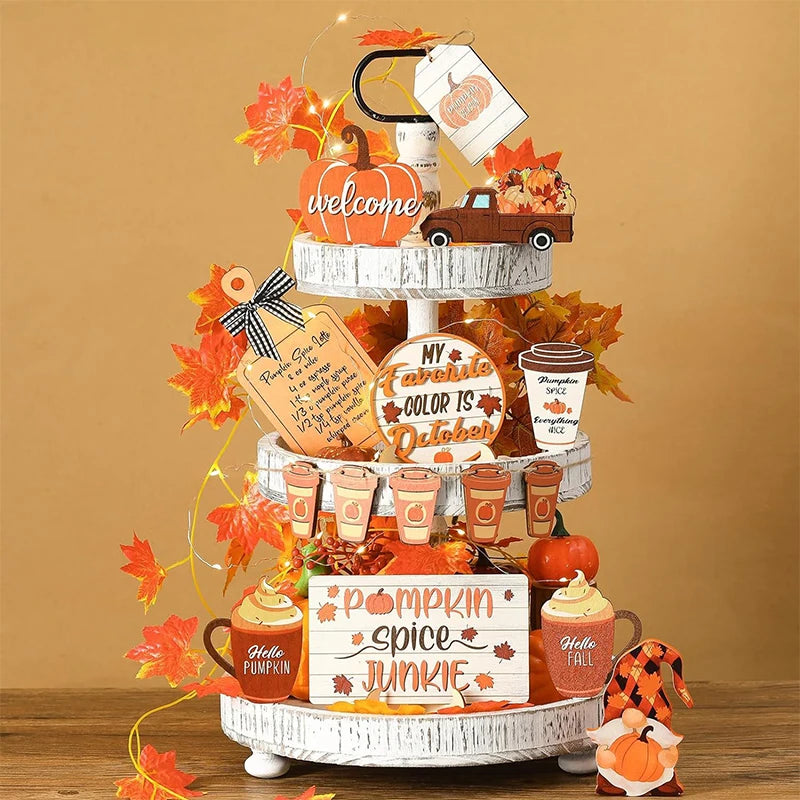 Thanksgiving Day Wooden Desktop Ornament Table Decoration Fall Harvest Tiered Tray Decor Pumpkin Maple Leaf Accents Farmhouse